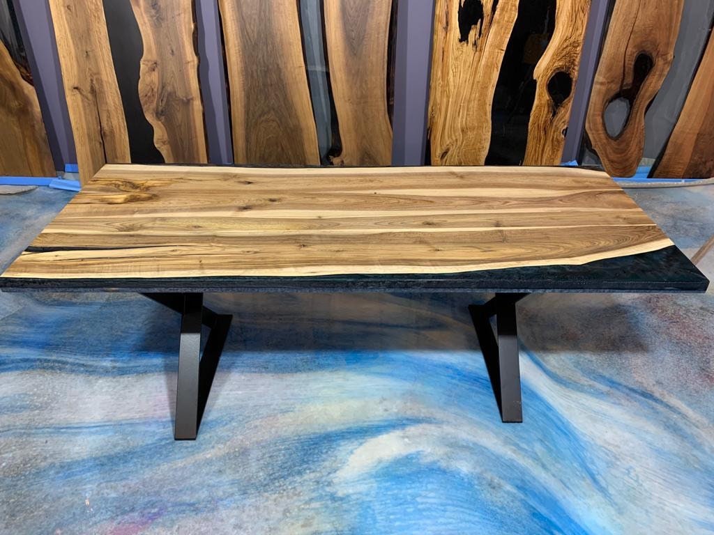 Handmade Epoxy Table, Custom 87" x 36" Natural Walnut Epoxy Table, Epoxy Dining Table, Blue Epoxy Resin Walnut Table, Luxury Dining Table