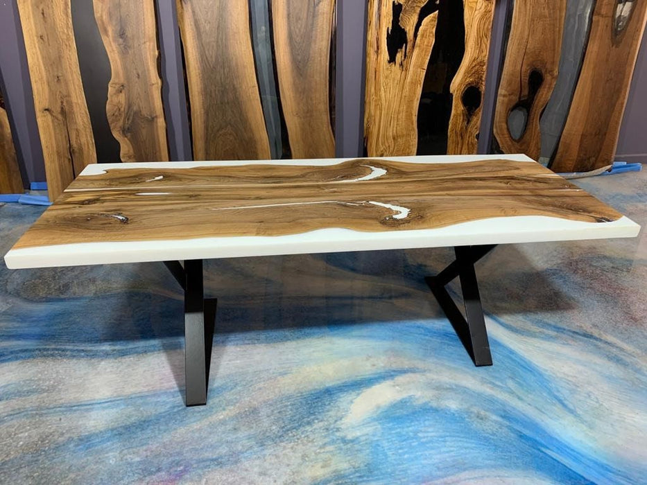 Custom 87"x 36" Natural Walnut White Epoxy Dining Table, White Epoxy Resin Walnut Table, Luxury Dining Table