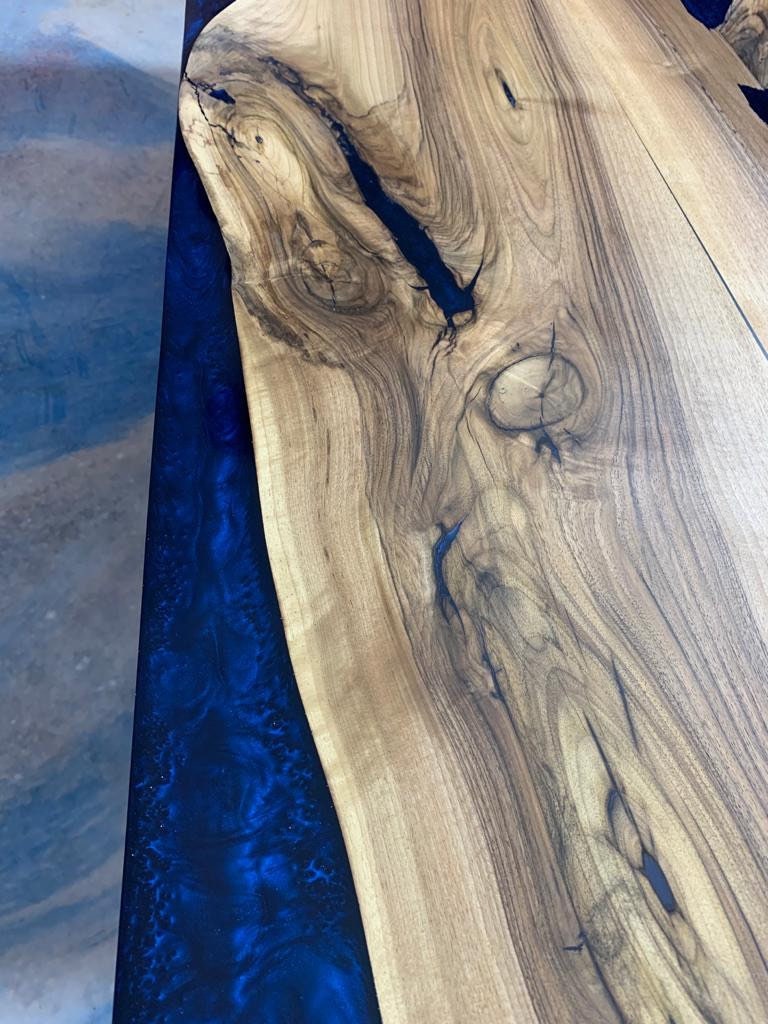 Handmade Epoxy Table, Custom 78" x 36" Natural Navy Blue Epoxy Walnut Dining Table, Navy Blue Epoxy, Walnut Dining Table, Green Epoxy Table