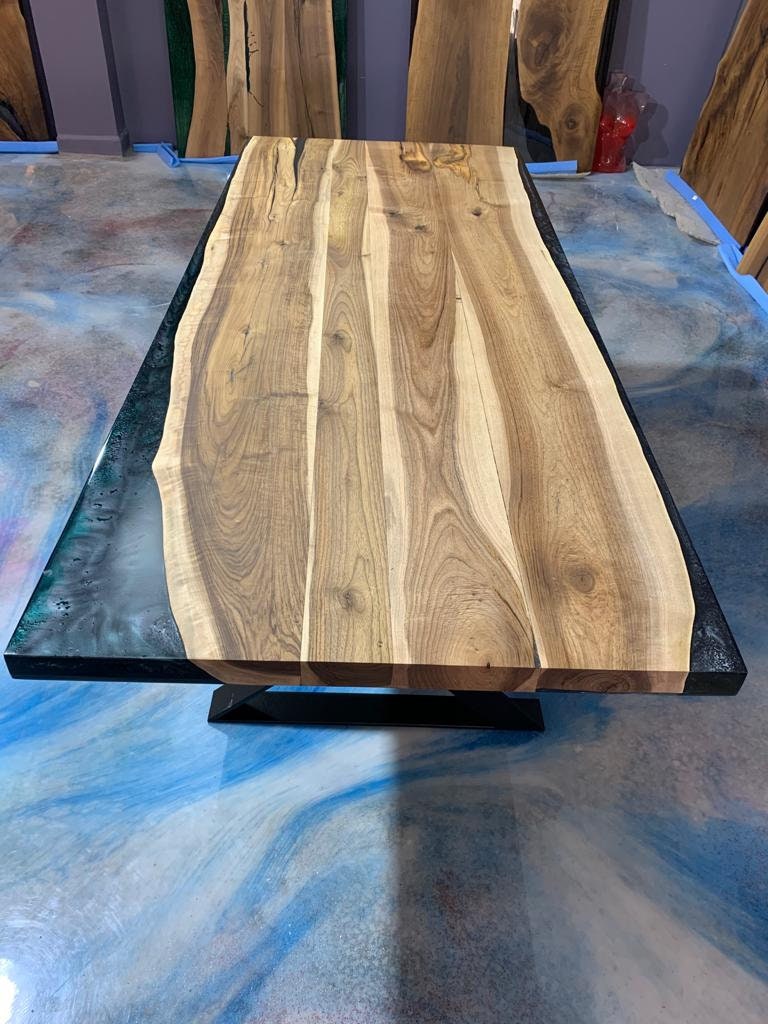 Handmade Epoxy Table, Custom 87" x 36" Natural Walnut Epoxy Table, Epoxy Dining Table, Blue Epoxy Resin Walnut Table, Luxury Dining Table