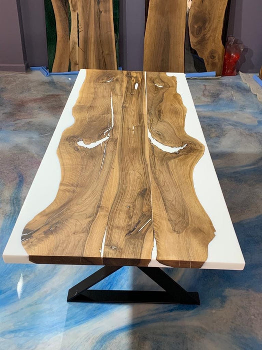 Custom 87"x 36" Natural Walnut White Epoxy Dining Table, White Epoxy Resin Walnut Table, Luxury Dining Table