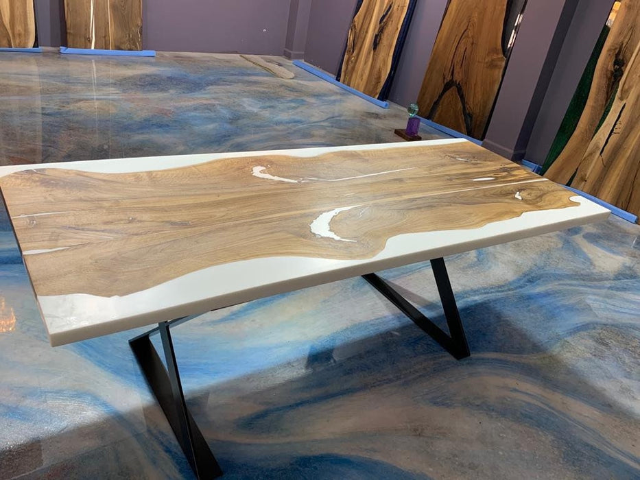 Custom 87"x 36" Natural Walnut White Epoxy Dining Table, White Epoxy Resin Walnut Table, Luxury Dining Table