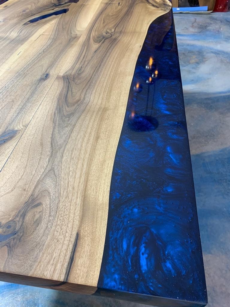 Handmade Epoxy Table, Custom 78" x 36" Natural Navy Blue Epoxy Walnut Dining Table, Navy Blue Epoxy, Walnut Dining Table, Green Epoxy Table