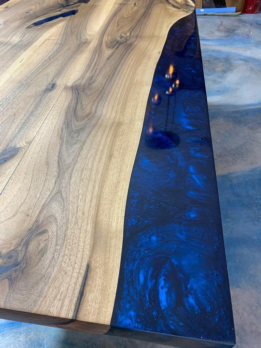 Handmade Epoxy Table, Custom 78" x 36" Natural Navy Blue Epoxy Walnut Dining Table, Navy Blue Epoxy, Walnut Dining Table, Green Epoxy Table