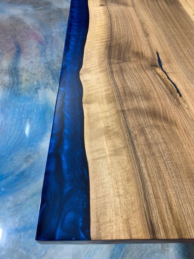 Handmade Epoxy Table, Custom 78" x 36" Natural Navy Blue Epoxy Walnut Dining Table, Navy Blue Epoxy, Walnut Dining Table, Green Epoxy Table