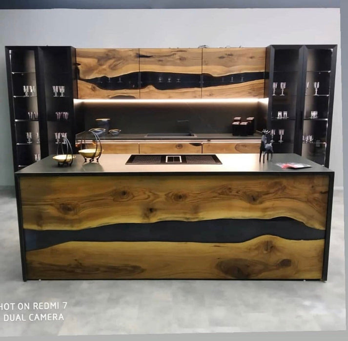 Custom Wood Epoxy Dining Table, Unique River Epoxy Table, Epoxy Kitchen Table, Kitchen Storage Cabinet with Epoxy Walnut Chairs