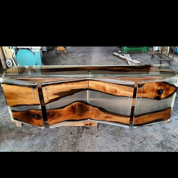 Custom Wood Epoxy Dining Table, Unique River Epoxy Table, Epoxy Kitchen Table, Kitchen Storage Cabinet with Epoxy Walnut Chairs