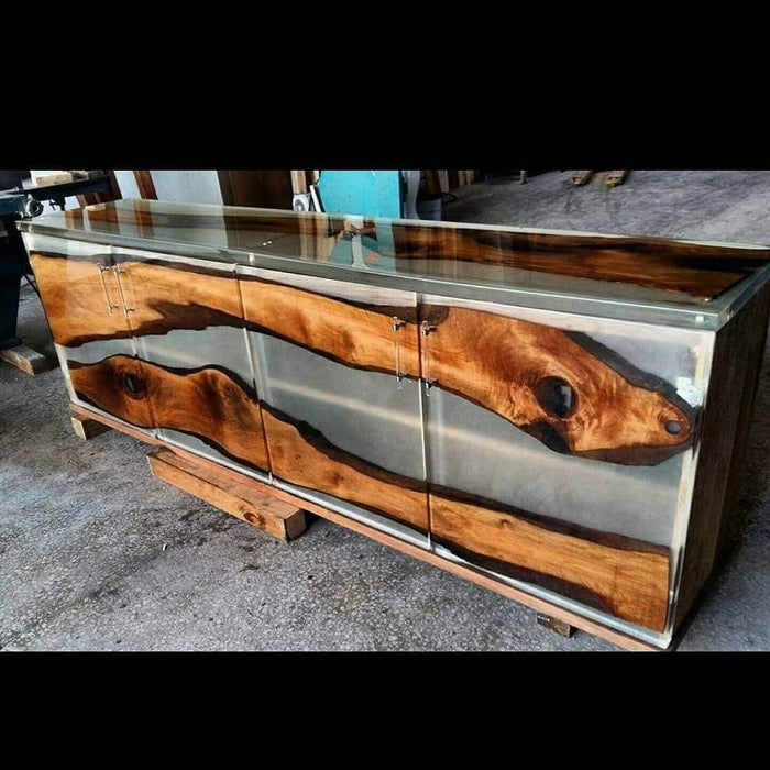 Custom Wood Epoxy Dining Table, Unique River Epoxy Table, Epoxy Kitchen Table, Kitchen Storage Cabinet with Epoxy Walnut Chairs