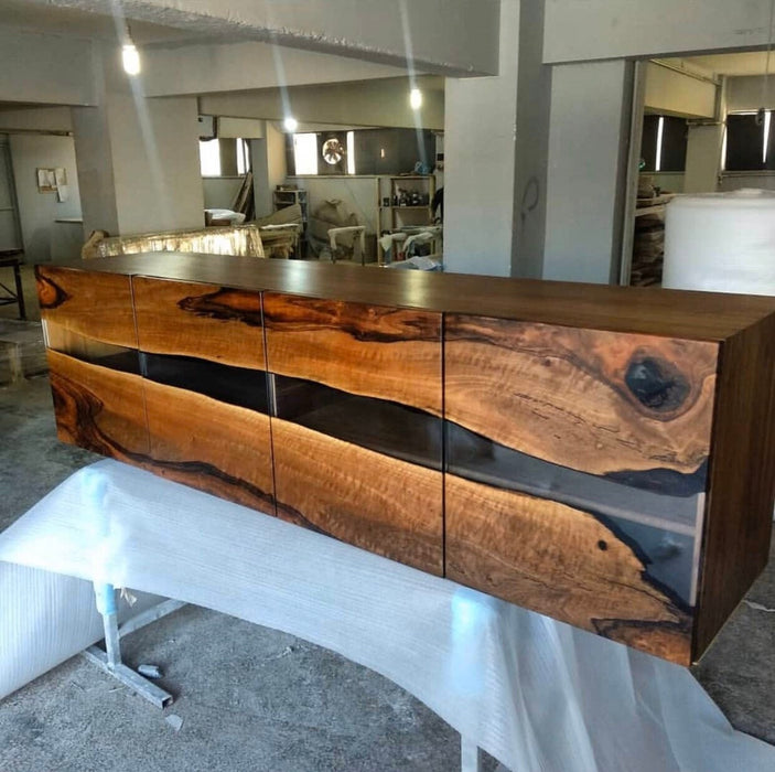 Custom Wood Epoxy Dining Table, Unique River Epoxy Table, Epoxy Kitchen Table, Kitchen Storage Cabinet with Epoxy Walnut Chairs