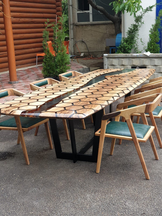 Custom Honeycomb Epoxy Resin River Table, Custom Clear Resin Walnut Conference Table, Handmade Epoxy Table, Unique Resin Table