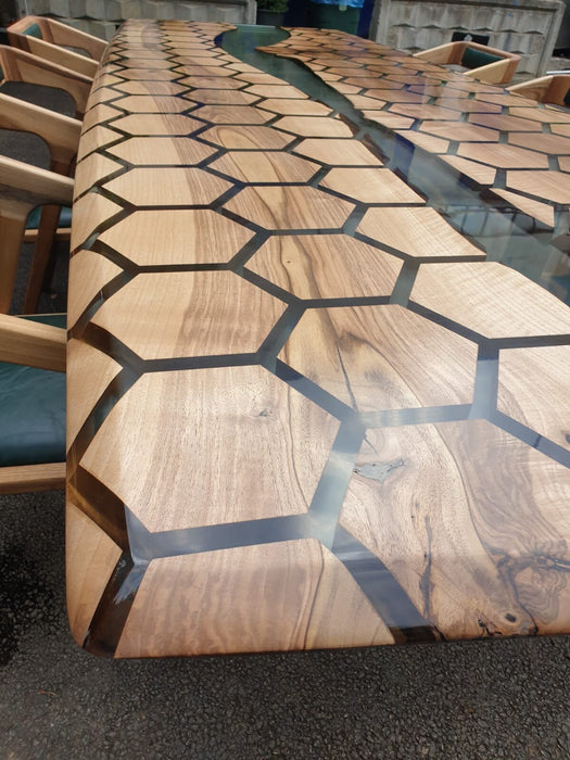 Custom Honeycomb Epoxy Resin River Table, Custom Clear Resin Walnut Conference Table, Handmade Epoxy Table, Unique Resin Table
