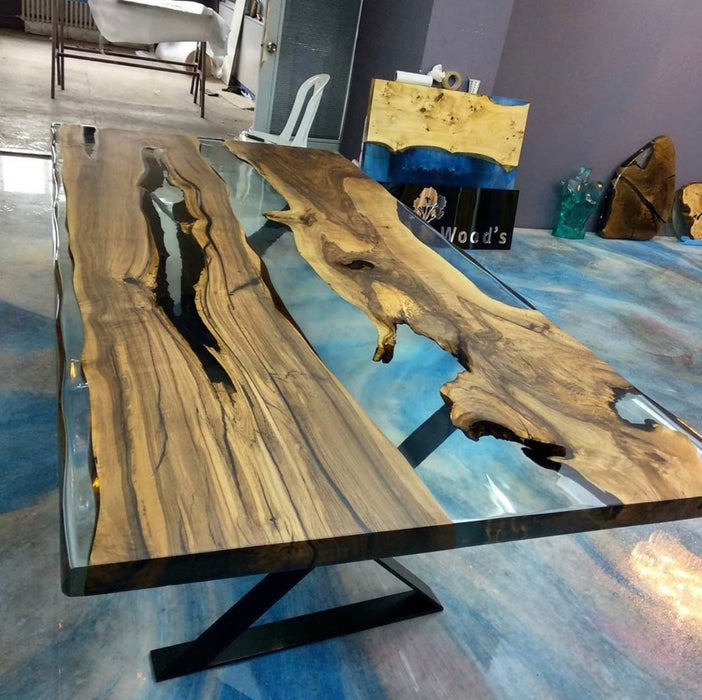 Epoxy Resin Table, Made to Order Custom Wood Turquoise Epoxy Table, Epoxy Walnut Dining Table, Ultra Clear Epoxy Table, Blue River Table