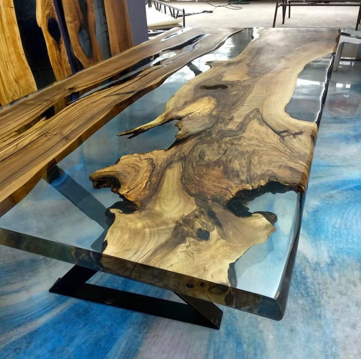 Epoxy Resin Table, Made to Order Custom Wood Turquoise Epoxy Table, Epoxy Walnut Dining Table, Ultra Clear Epoxy Table, Blue River Table