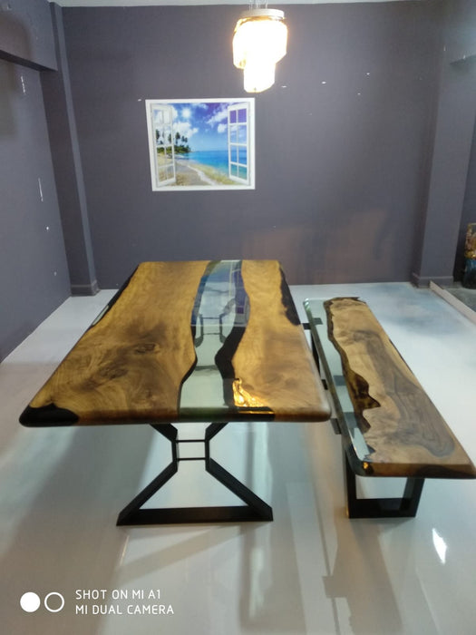 Made to Order Custom Table, Clear Epoxy Resin Table with Bench, Walnut Epoxy Table, Ultra Clear Epoxy Table and Bench, River Epoxy Bench