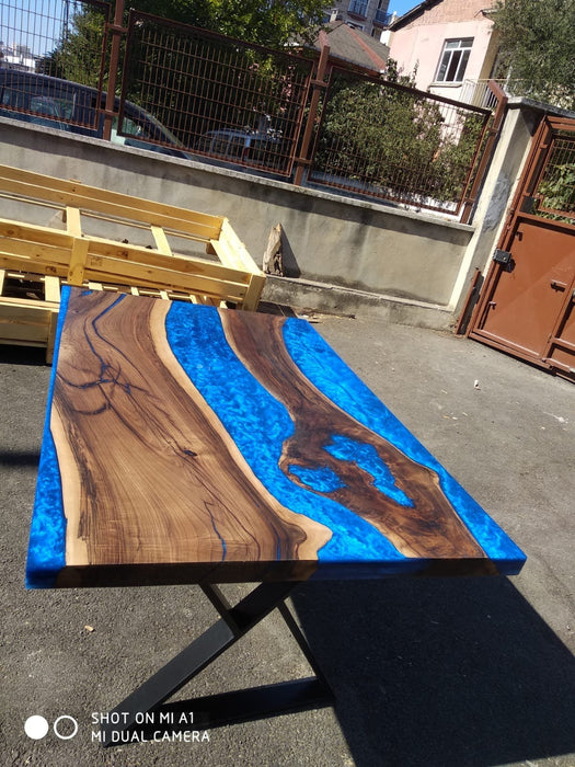 Walnut Dining Table, Epoxy Resin Table, River Table, Live Edge Table, Custom 60" x 40" Walnut Blue Epoxy River Table Order for Rachel