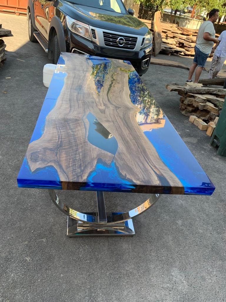 Live Edge Table, Custom 96” x 36” Walnut Deep Ocean Blue Table, Epoxy River Dining Table, River Table, Custom Order  Order for Mantu