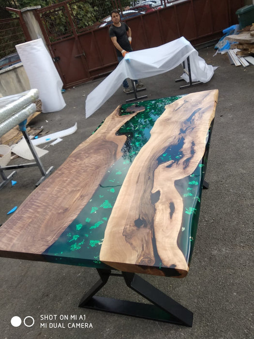 Epoxy River Table, Custom 76" x 36" Walnut Light Aqua Green Turquoise River Epoxy with Gold Leaf Counter Height Dining Table,  for Kristi R