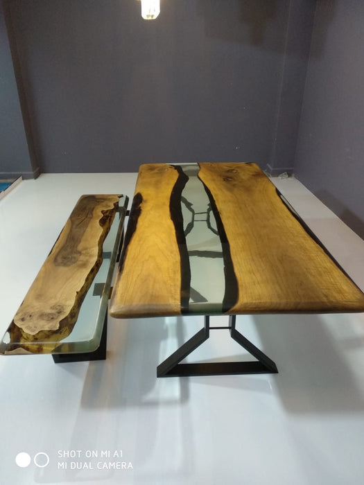 Made to Order Custom Table, Clear Epoxy Resin Table with Bench, Walnut Epoxy Table, Ultra Clear Epoxy Table and Bench, River Epoxy Bench