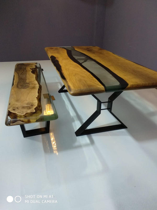 Made to Order Custom Table, Clear Epoxy Resin Table with Bench, Walnut Epoxy Table, Ultra Clear Epoxy Table and Bench, River Epoxy Bench