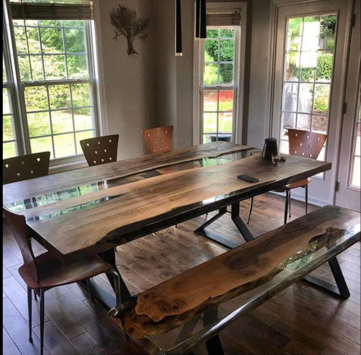 Made to Order Custom Table, Clear Epoxy Resin Table with Bench, Walnut Epoxy Table, Ultra Clear Epoxy Table and Bench, River Epoxy Bench