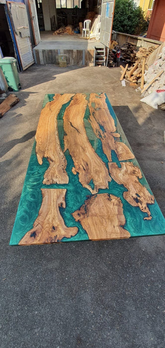 Olive Wood Epoxy Table, Custom 96” x 42” Olive Emerald Green Table, Epoxy River Dining Table (1 of 3), Custom Order for Adrienne