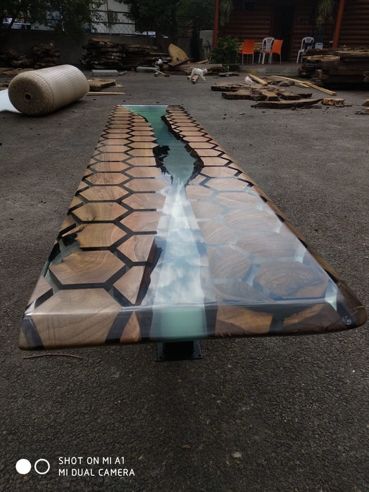 Custom 90” x 18” Walnut Hexagon Honeycomb Shelf, Epoxy Shelf, Dining Room Sideboard, Walnut Shelf for Home for Kellyan