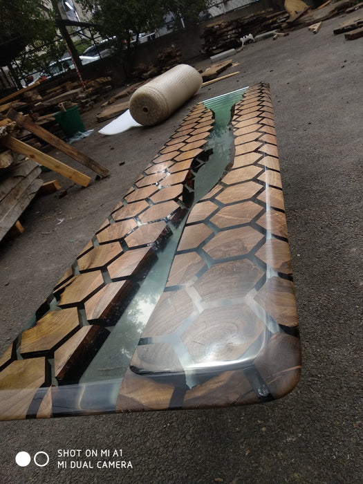 Custom 90” x 18” Walnut Hexagon Honeycomb Shelf, Epoxy Shelf, Dining Room Sideboard, Walnut Shelf for Home for Kellyan