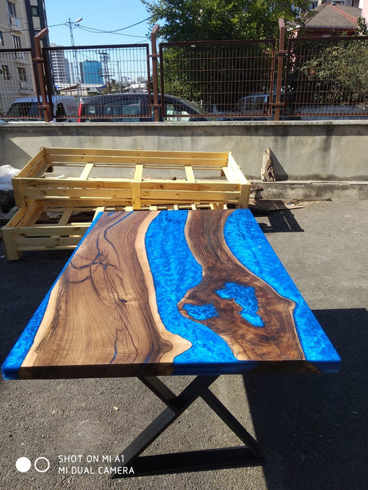 Walnut Dining Table, Epoxy Resin Table, River Table, Live Edge Table, Custom 60" x 40" Walnut Blue Epoxy River Table Order for Rachel