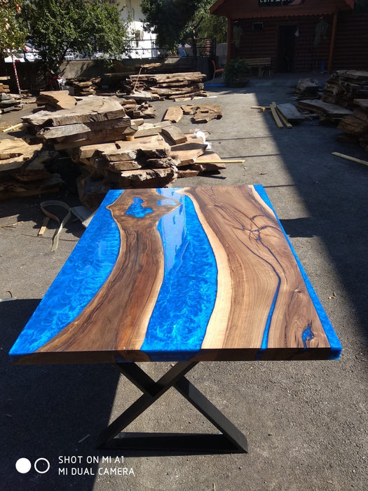 Walnut Dining Table, Epoxy Resin Table, River Table, Live Edge Table, Custom 60" x 40" Walnut Blue Epoxy River Table Order for Rachel