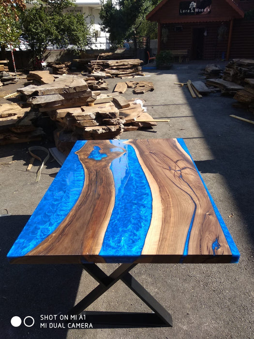 Walnut Dining Table, Epoxy Resin Table, River Table, Live Edge Table, Custom 60" x 40" Walnut Blue Epoxy River Table Order for Rachel