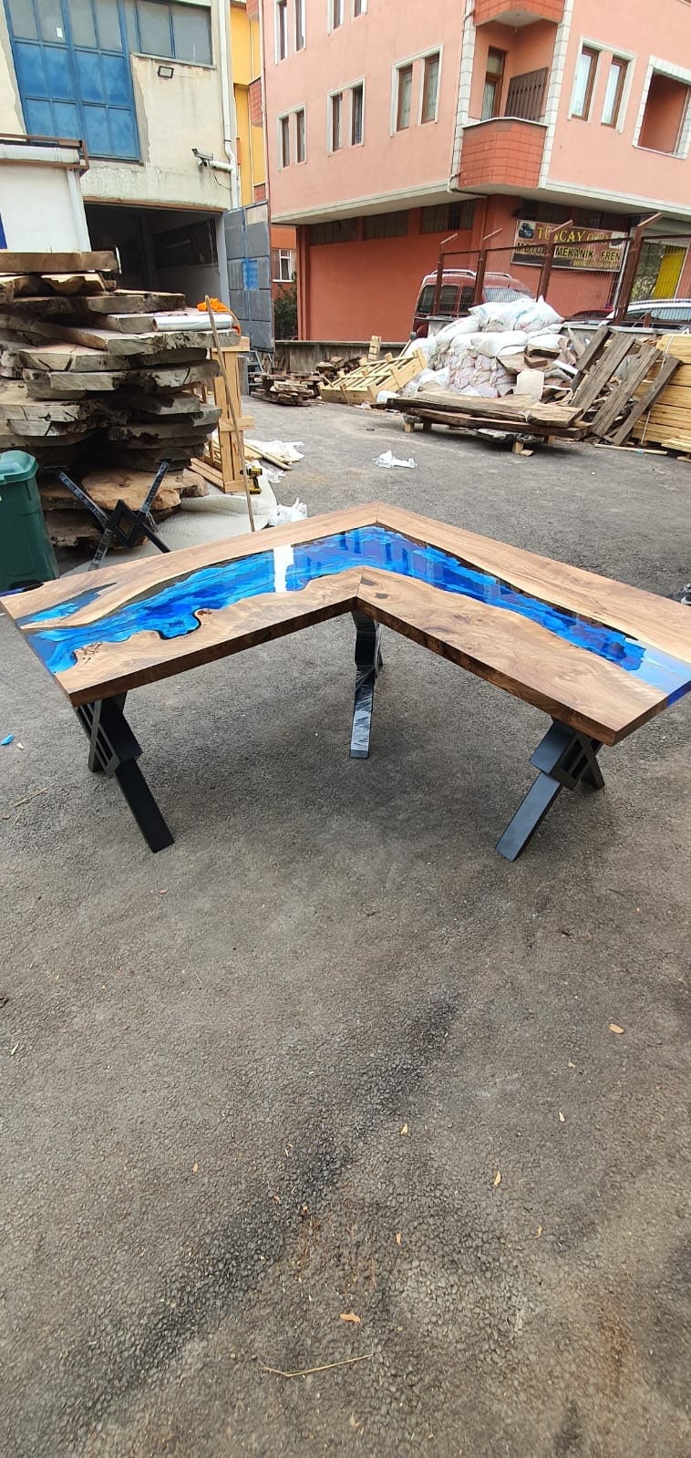 River L Shape Table, Epoxy Resin Desk, Epoxy Gaming Table, Custom 66” x 66” x 30”D Walnut Wood Epoxy Office Desk, Table Order for MNFSTO