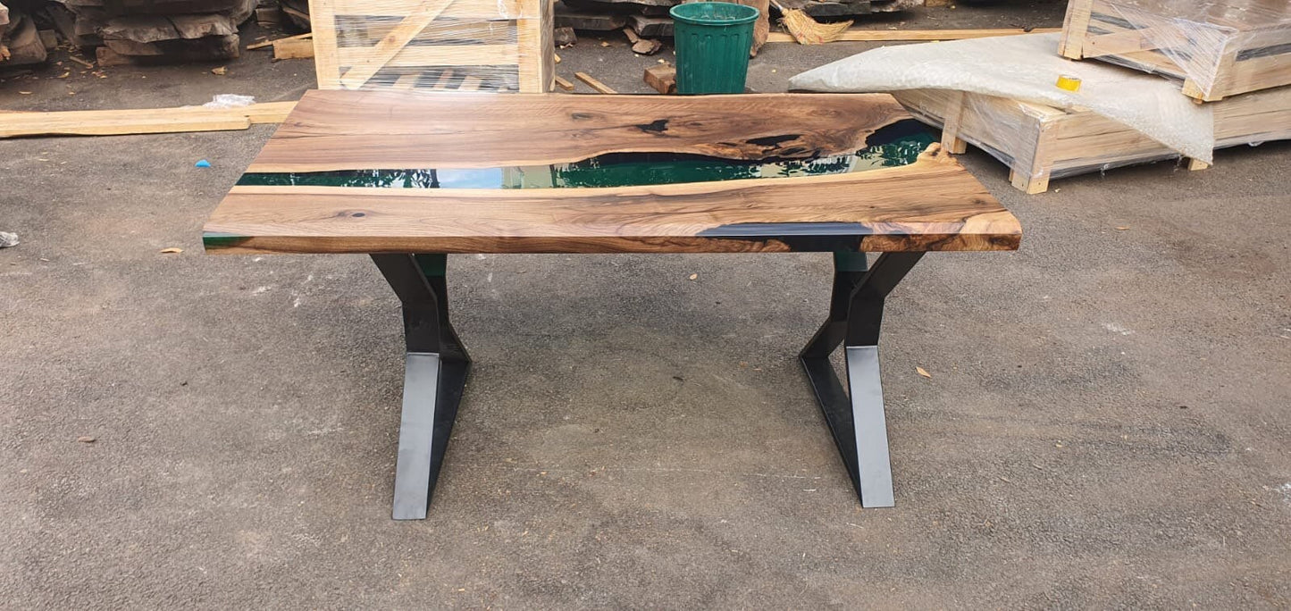 Live Edge Table, Custom 62” x 36" Walnut Wood Opaque Turquoise Table, Epoxy River Table, Handmade Epoxy Table, Custom  Order for Tania