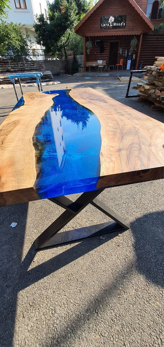 Handmade Epoxy Table, Custom 70” x 35” Walnut Deep Blue with Ocean Wawes Table,  Epoxy River Dining Table, River Table,  Order for Lee