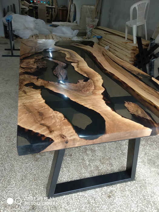 Custom 72” x 36” Walnut Smoke Gray Epoxy River Table Order for Yelena