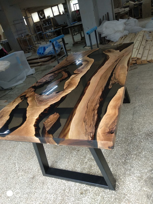 Custom 72” x 36” Walnut Smoke Gray Epoxy River Table Order for Yelena