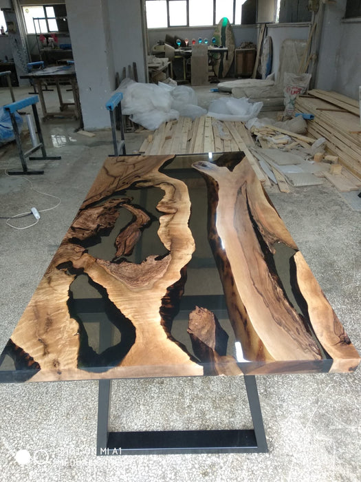 Custom 72” x 36” Walnut Smoke Gray Epoxy River Table Order for Yelena