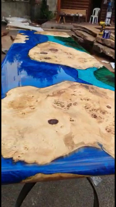 Blue Epoxy Table, Live Edge Table, Custom 74" x 24" Poplar Island Blue, Teal Turquoise, Green River Epoxy Table, Custom Order for Henry