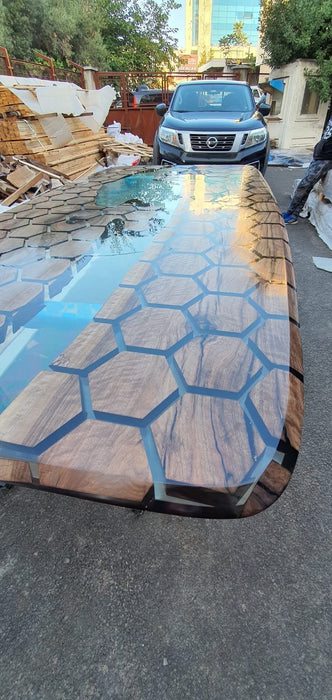 Honeycomb Epoxy Resin River Table, Custom 115 x 60 Clear Resin Walnut Conference Table, Handmade Epoxy Table, Unique Resin Table for Tim