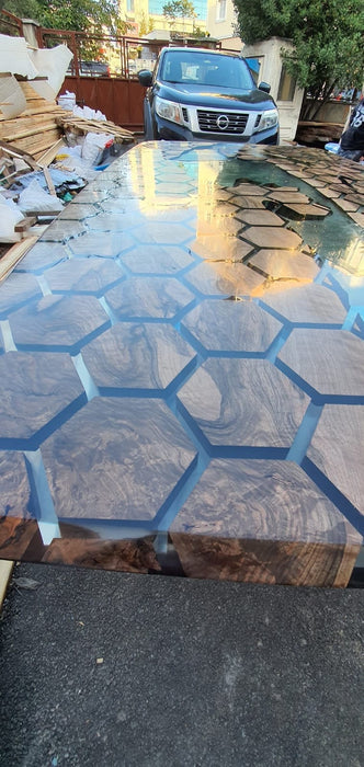 Honeycomb Epoxy Resin River Table, Custom 115 x 60 Clear Resin Walnut Conference Table, Handmade Epoxy Table, Unique Resin Table for Tim