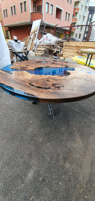 Round Dining Table, Epoxy Table, Epoxy Dining Table, Custom 62” Diameter Round Walnut Wood Blue Epoxy Dining Table, Custom Order for Lauren