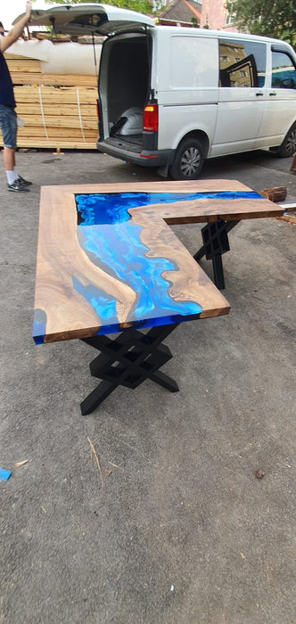 River L Shape Table, Epoxy Resin Desk, Epoxy Gaming Table, Custom 66” x 66” x 30”D Walnut Wood Epoxy Office Desk, Table Order for MNFSTO