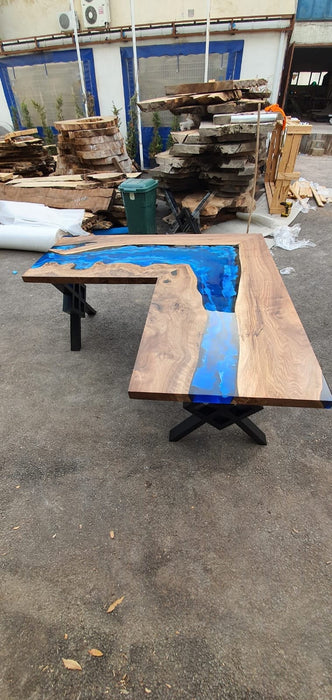 River L Shape Table, Epoxy Resin Desk, Epoxy Gaming Table, Custom 66” x 66” x 30”D Walnut Wood Epoxy Office Desk, Table Order for MNFSTO