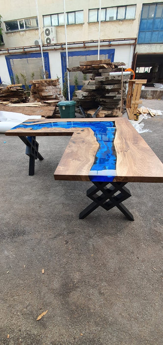 River L Shape Table, Epoxy Resin Desk, Epoxy Gaming Table, Custom 66” x 66” x 30”D Walnut Wood Epoxy Office Desk, Table Order for MNFSTO