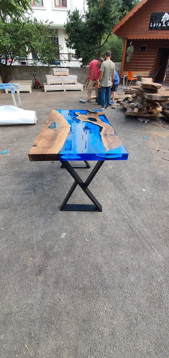 Epoxy Dining Table, Custom 48” x 24” Walnut Deep Blue and Turquoise Table, Modern Design Table, Live Edge Table, Custom Order for Mantu K