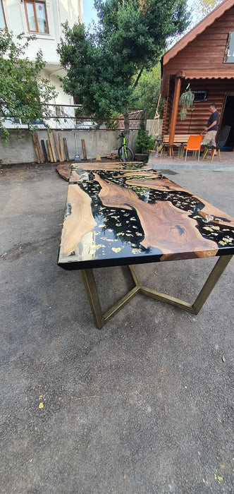 Walnut Dining Table, Custom 108” x 48" Walnut Black Table, Custom Gold Leaf Table, Live Edge Table, Custom Order for Evyn