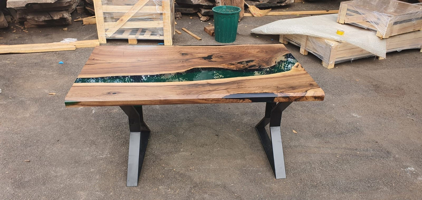 Live Edge Table, Custom 62” x 36" Walnut Wood Opaque Turquoise Table, Epoxy River Table, Handmade Epoxy Table, Custom  Order for Tania