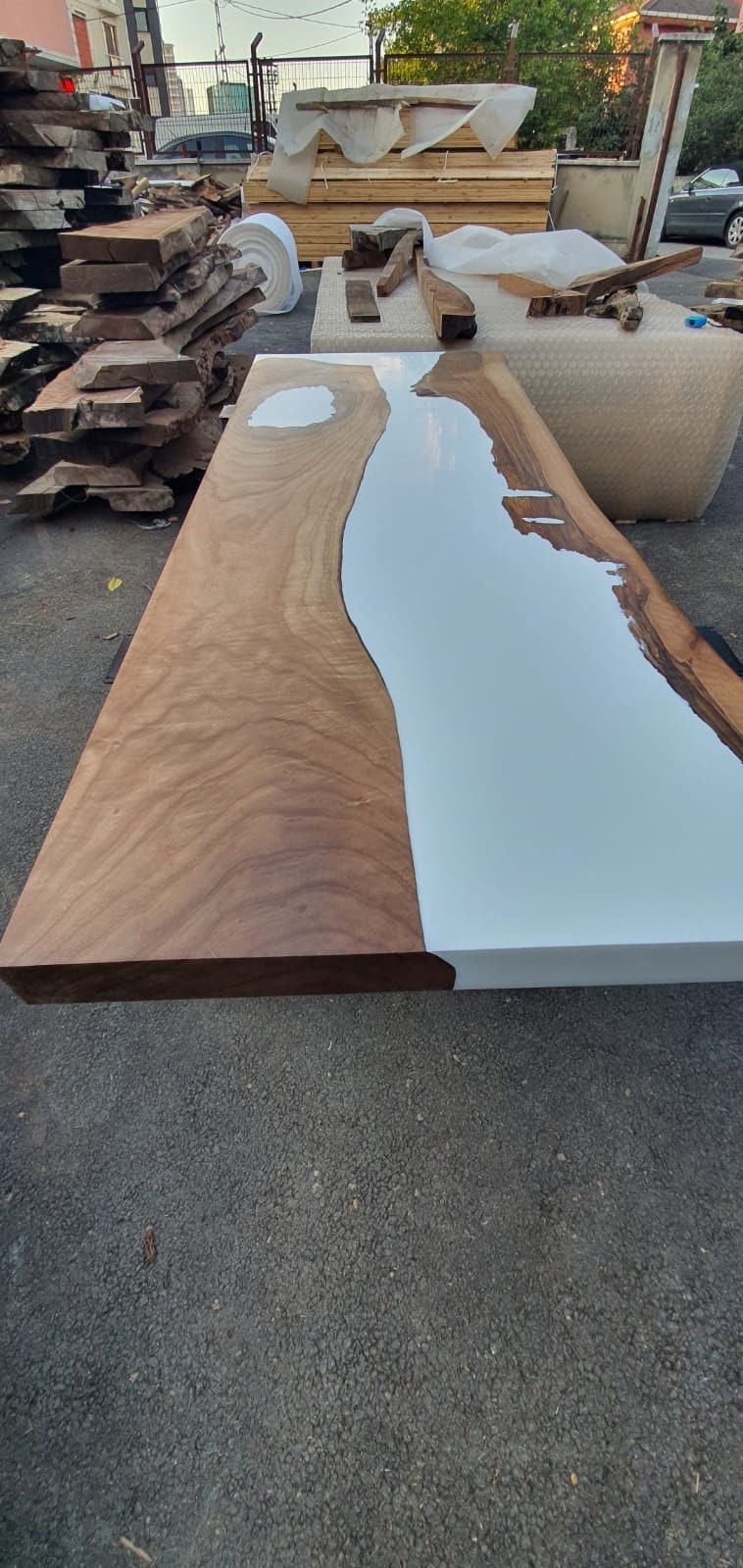 Walnut Dining Table, White Epoxy Table, Custom 66"x 24" Walnut White Epoxy Office, Wall Shelf Order for Vanessa