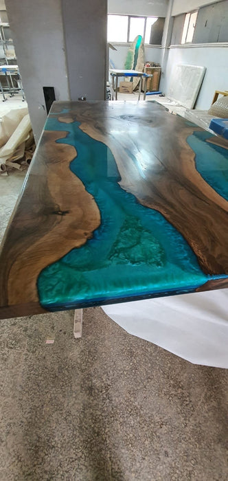 Unique Epoxy Table, Epoxy Table, Epoxy Dining Table, Custom 80” x 40” Walnut Wood Turquoise Green River Epoxy Dining Table, Order for Deb