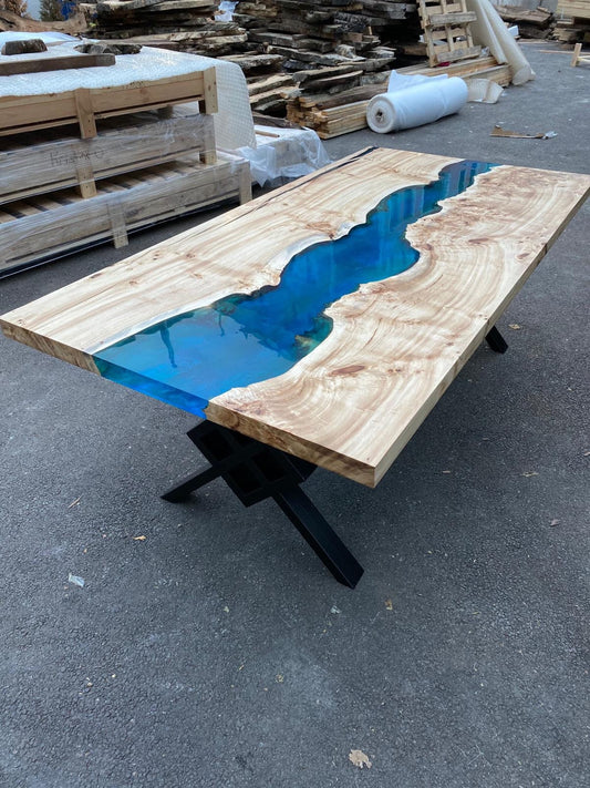 Blue Epoxy Dining Table, Epoxy Resin Table, Custom 83" x 44"  Poplar Wood Table, Ocean Blue Epoxy Table, Resin Table Order for Heather E