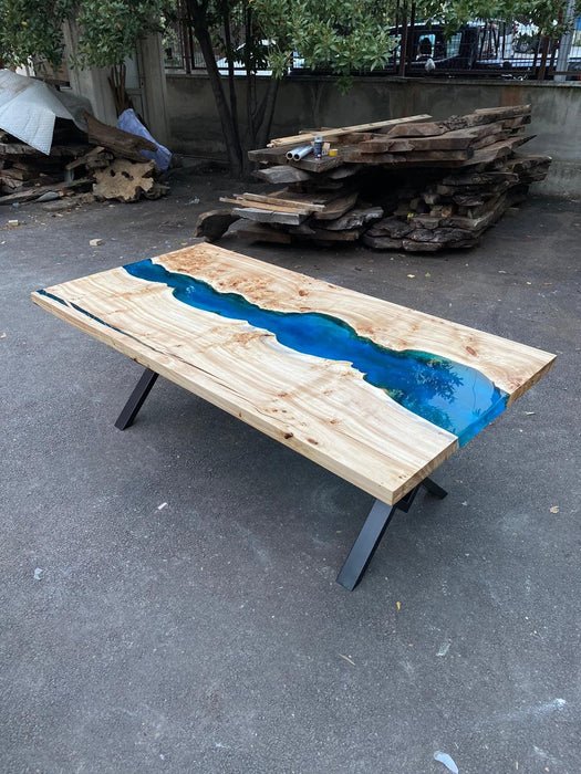 Blue Epoxy Dining Table, Epoxy Resin Table, Custom 83" x 44"  Poplar Wood Table, Ocean Blue Epoxy Table, Resin Table Order for Heather E